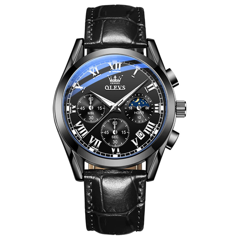 OLEVS 2871 Luxury Moon Phase Chronograph Watch for Men - All Black Leather Watch | Olevs Watch Store
