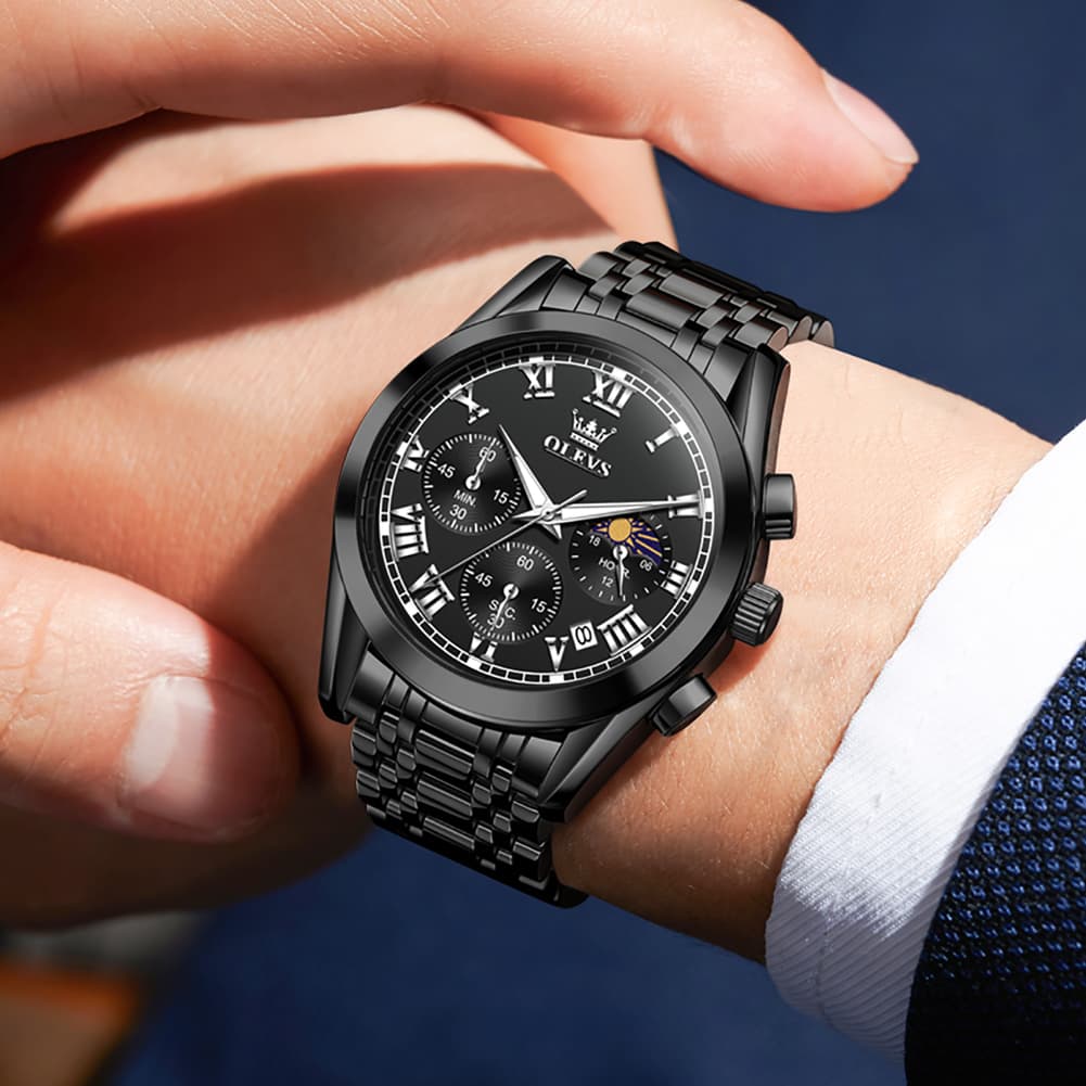 OLEVS 2871 Luxury Moon Phase Chronograph Watch for Men - All Black Steel Watch | Olevs Watch Store