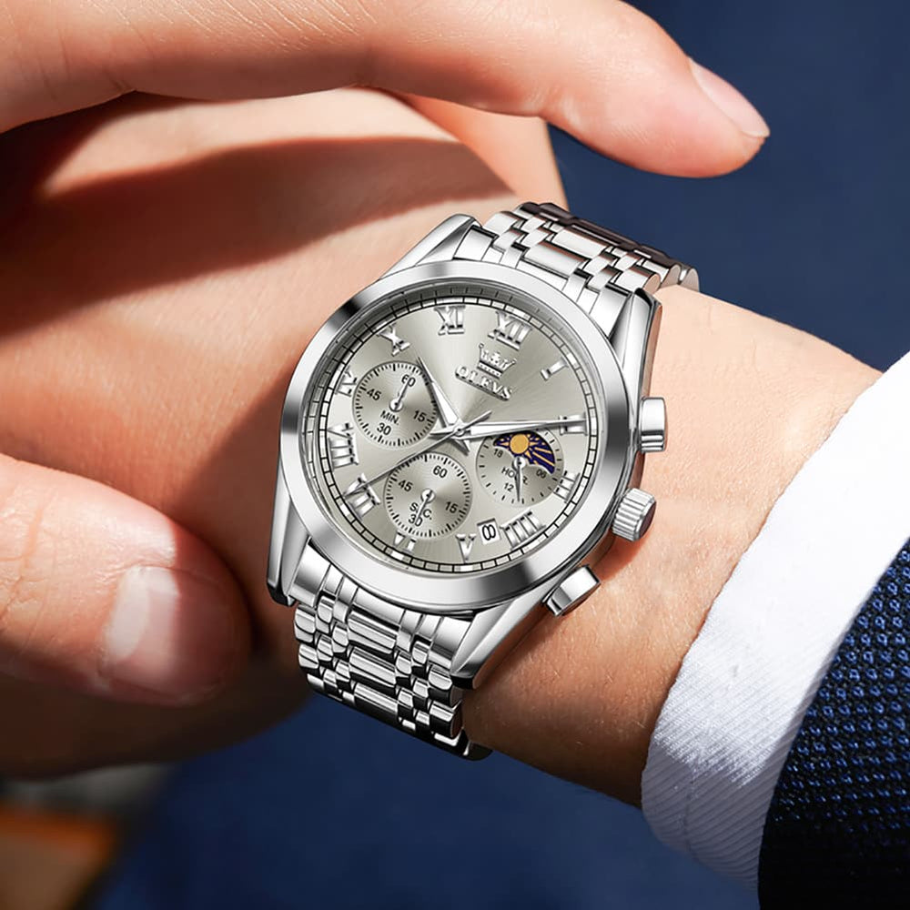 OLEVS 2871 Luxury Moon Phase Chronograph Watch for Men - All Black Steel Watch | Olevs Watch Store