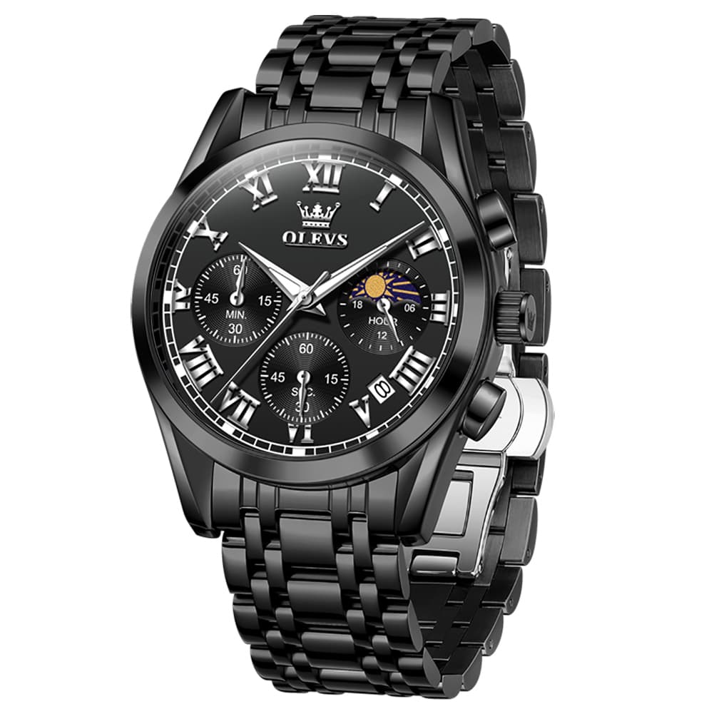 OLEVS 2871 Luxury Moon Phase Chronograph Watch for Men - All Black Steel Watch | Olevs Watch Store