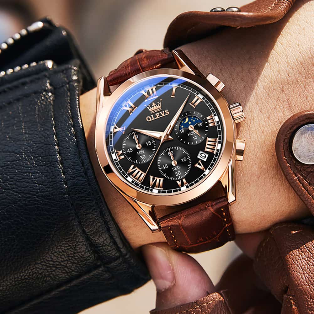 OLEVS 2871 Luxury Moon Phase Chronograph Watch for Men - All Black Steel Watch | Olevs Watch Store