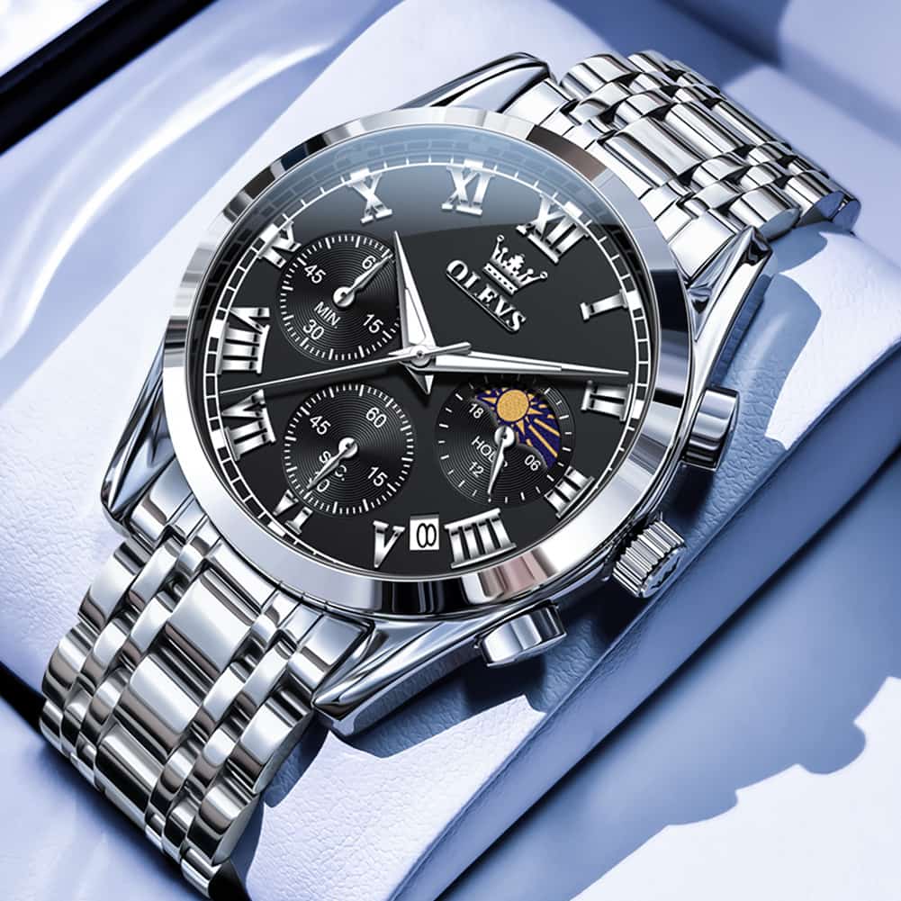 OLEVS 2871 Luxury Moon Phase Chronograph Watch for Men - All Black Steel Watch | Olevs Watch Store