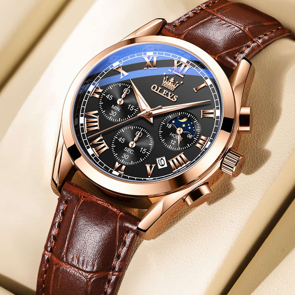 OLEVS 2871 Luxury Moon Phase Chronograph Watch for Men - All Black Steel Watch | Olevs Watch Store
