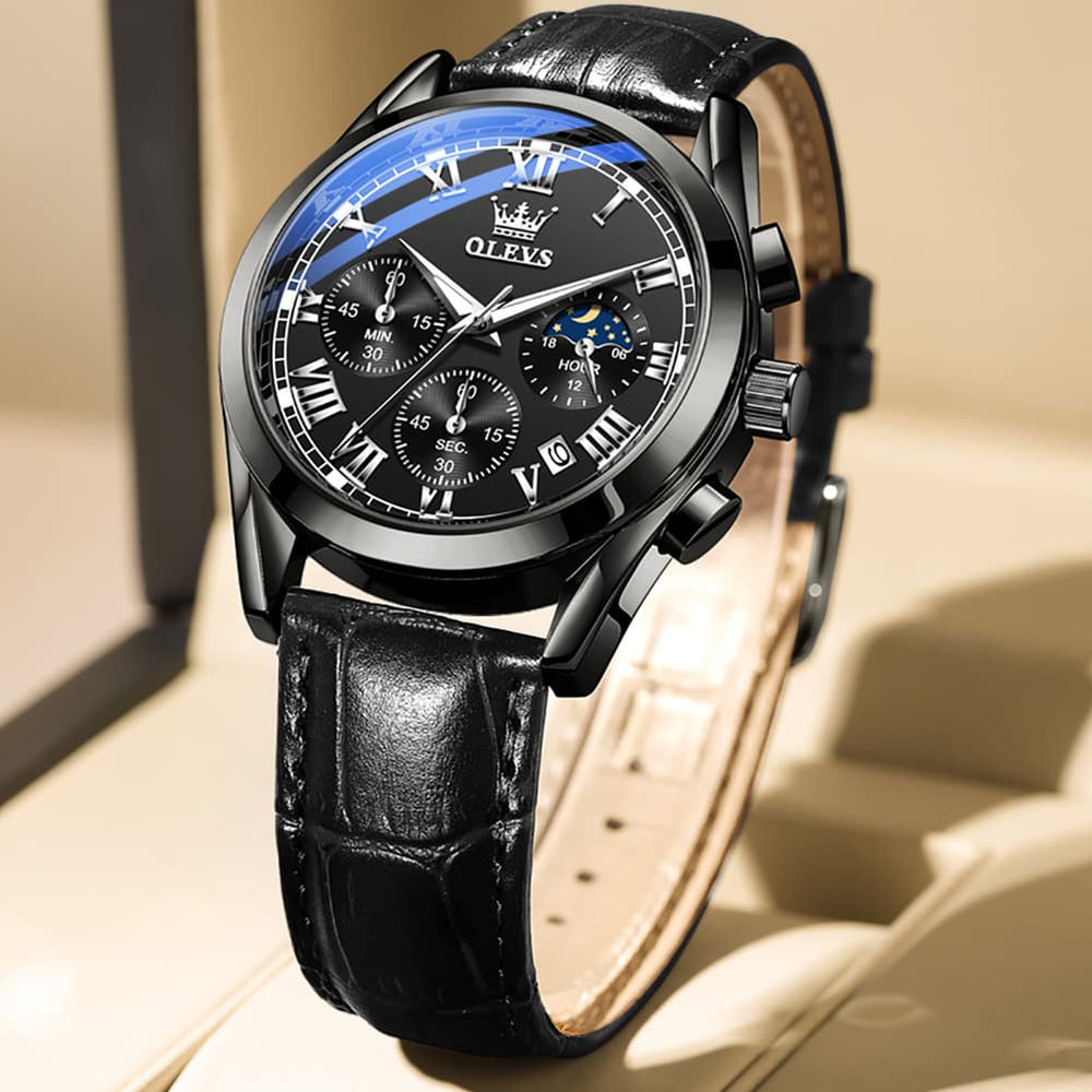 OLEVS 2871 Luxury Moon Phase Chronograph Watch for Men - All Black Steel Watch | Olevs Watch Store