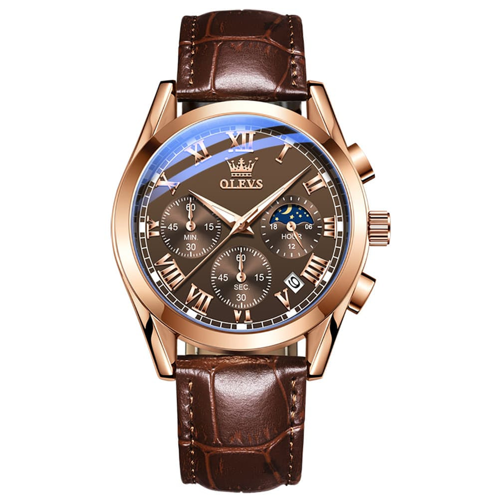 OLEVS 2871 Luxury Moon Phase Chronograph Watch for Men - Coffee Leather Watch | Olevs Watch Store