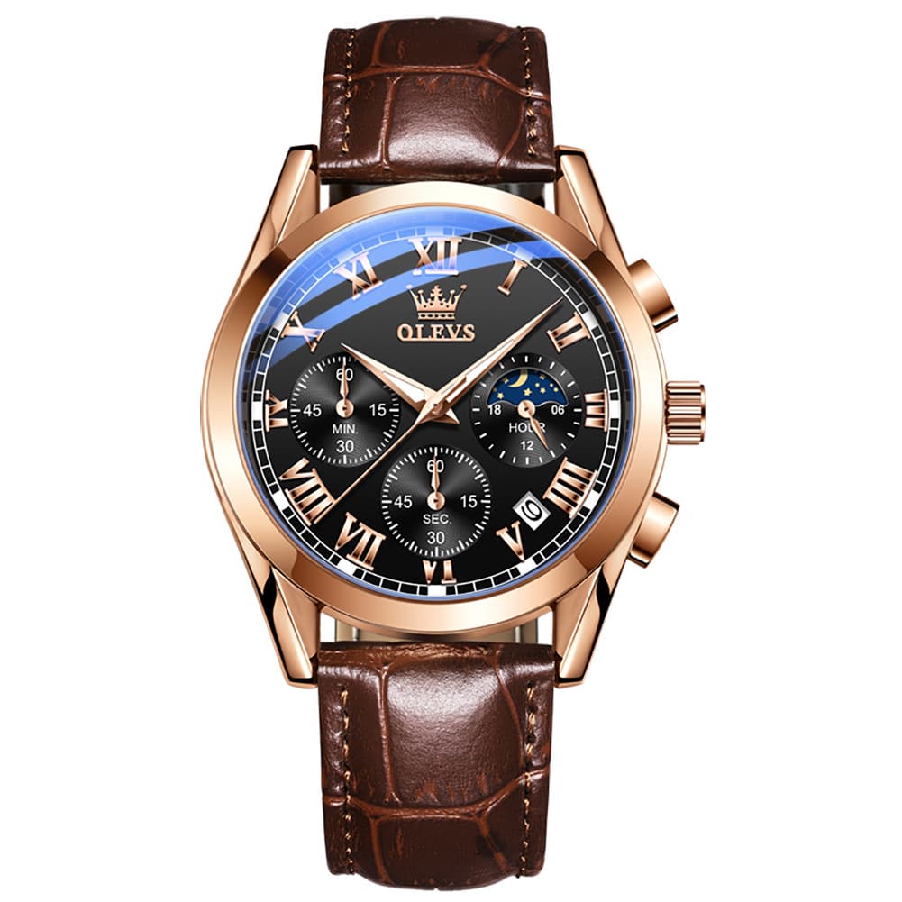 OLEVS 2871 Luxury Moon Phase Chronograph Watch for Men - Rose Black Leather Watch | Olevs Watch Store