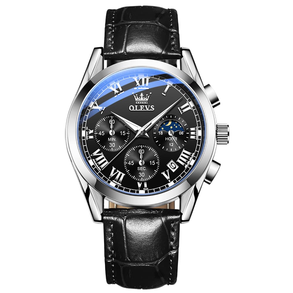 OLEVS 2871 Luxury Moon Phase Chronograph Watch for Men - Silver Black Leather Watch | Olevs Watch Store
