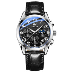 OLEVS 2871 Luxury Moon Phase Chronograph Watch for Men - Silver Black Leather Watch | Olevs Watch Store