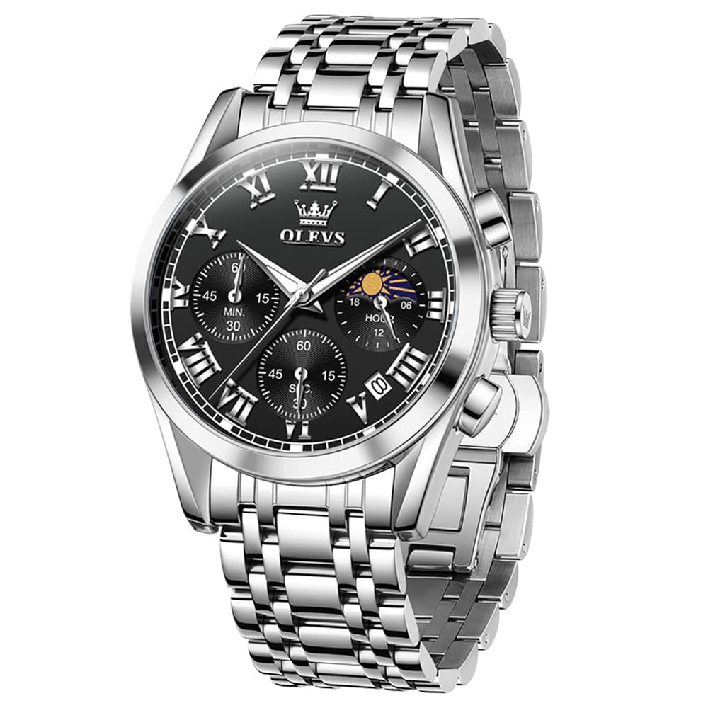 OLEVS 2871 Luxury Moon Phase Chronograph Watch for Men - Silver Black Steel Watch | Olevs Watch Store