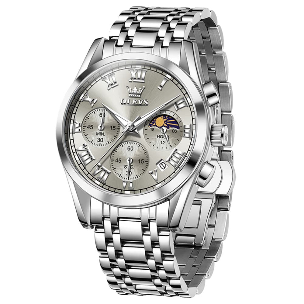 OLEVS 2871 Luxury Moon Phase Chronograph Watch for Men - Silver Grey Steel Watch | Olevs Watch Store