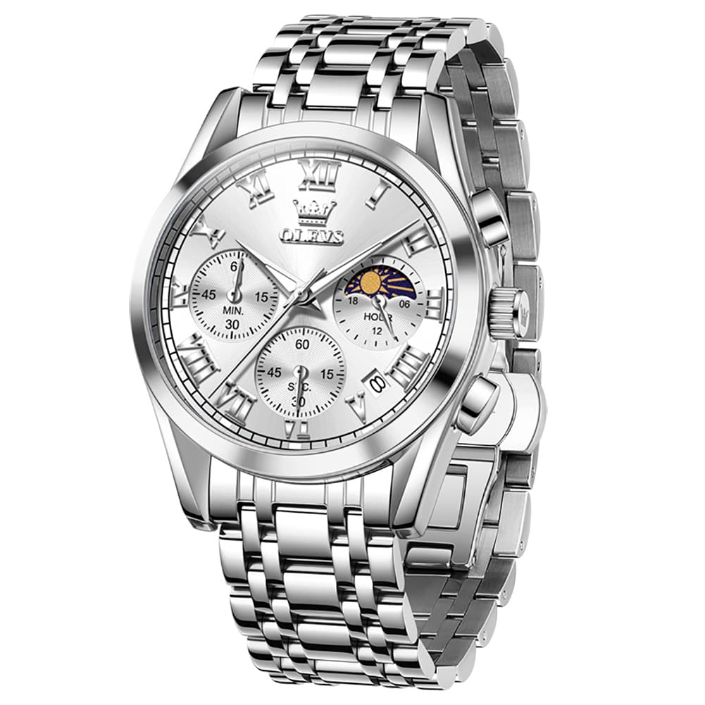 OLEVS 2871 Luxury Moon Phase Chronograph Watch for Men - Silver White Steel Watch | Olevs Watch Store