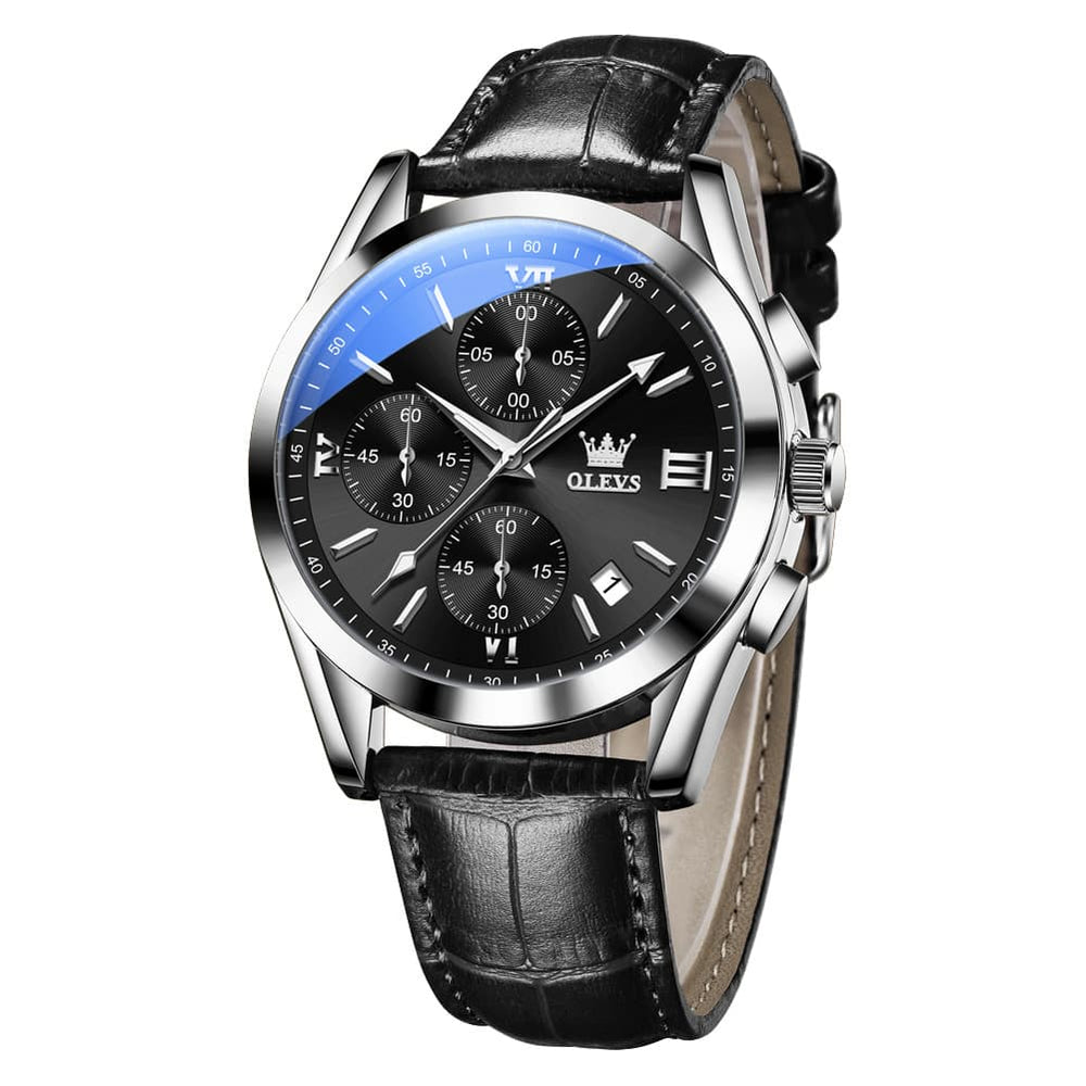 OLEVS 2872 Sophisticated Chronograph Leather Watch for Men - Black Silver Black Watch | Olevs Watch Store