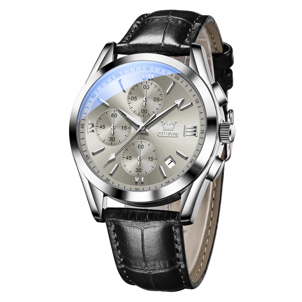 OLEVS 2872 Sophisticated Chronograph Leather Watch for Men - Black Silver Grey Watch | Olevs Watch Store