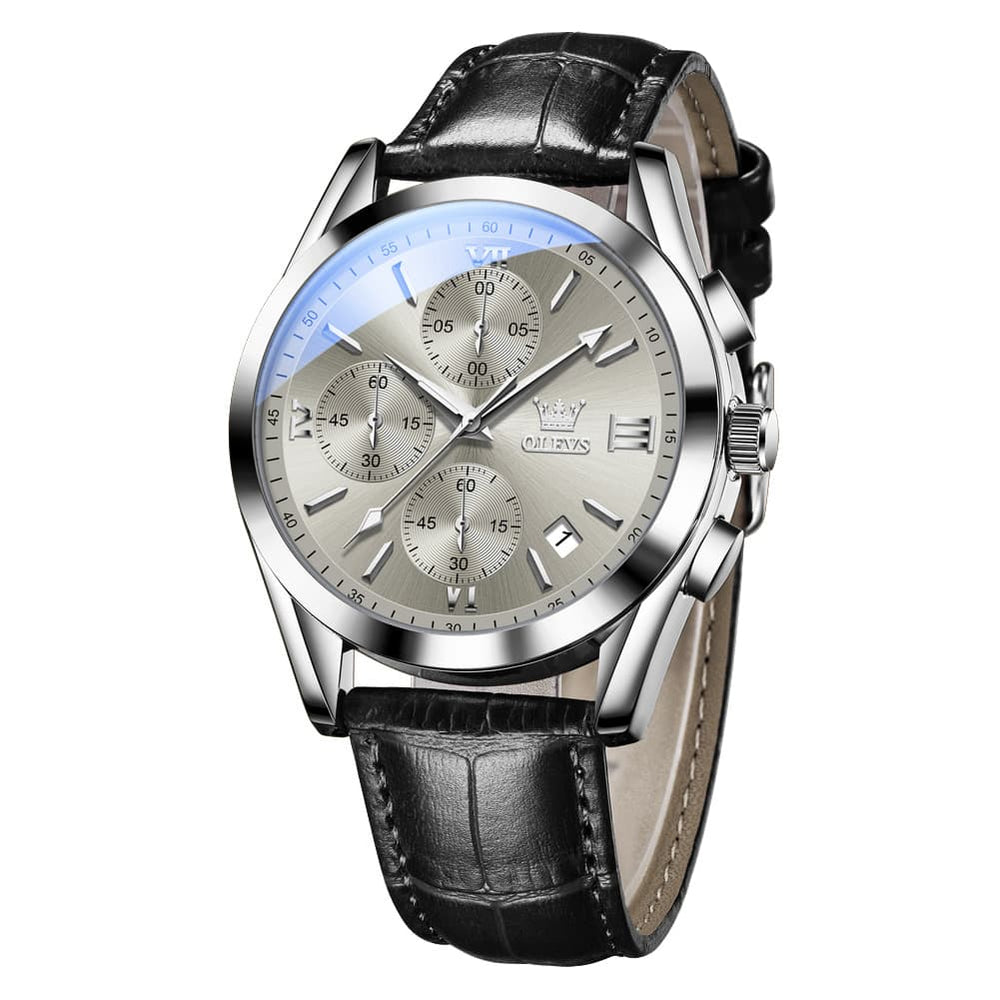 OLEVS 2872 Sophisticated Chronograph Leather Watch for Men - Black Silver Grey Watch | Olevs Watch Store