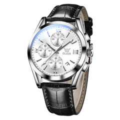 OLEVS 2872 Sophisticated Chronograph Leather Watch for Men - Black Silver White Watch | Olevs Watch Store