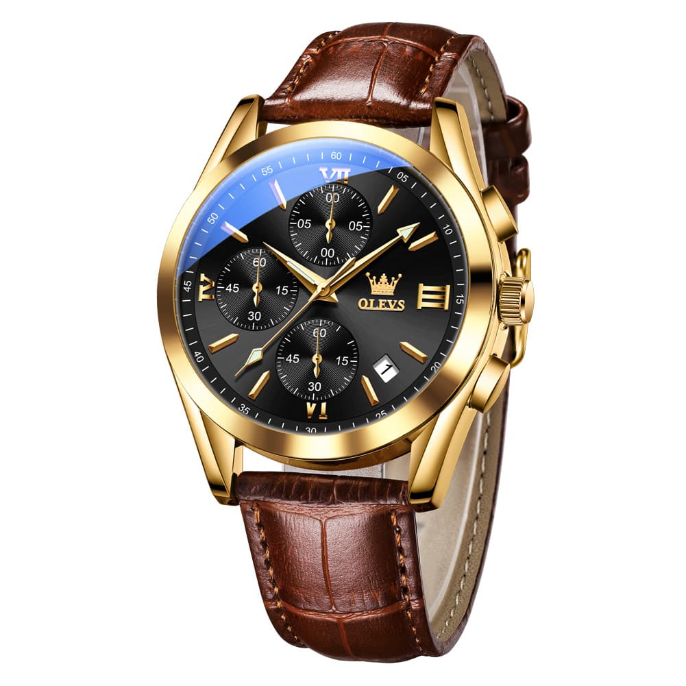 OLEVS 2872 Sophisticated Chronograph Leather Watch for Men - Brown Gold Black Watch | Olevs Watch Store