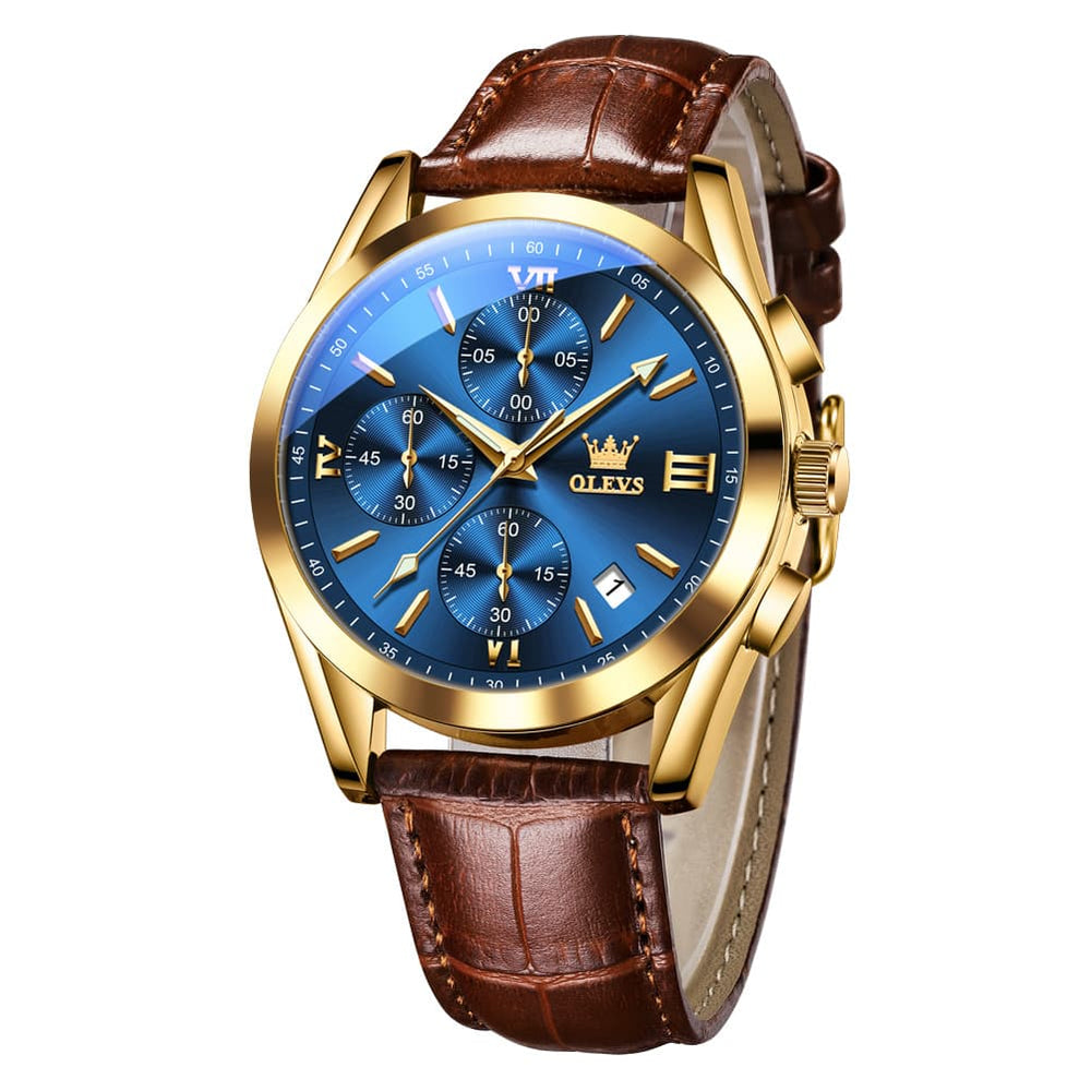 OLEVS 2872 Sophisticated Chronograph Leather Watch for Men - Brown Gold Blue Watch | Olevs Watch Store
