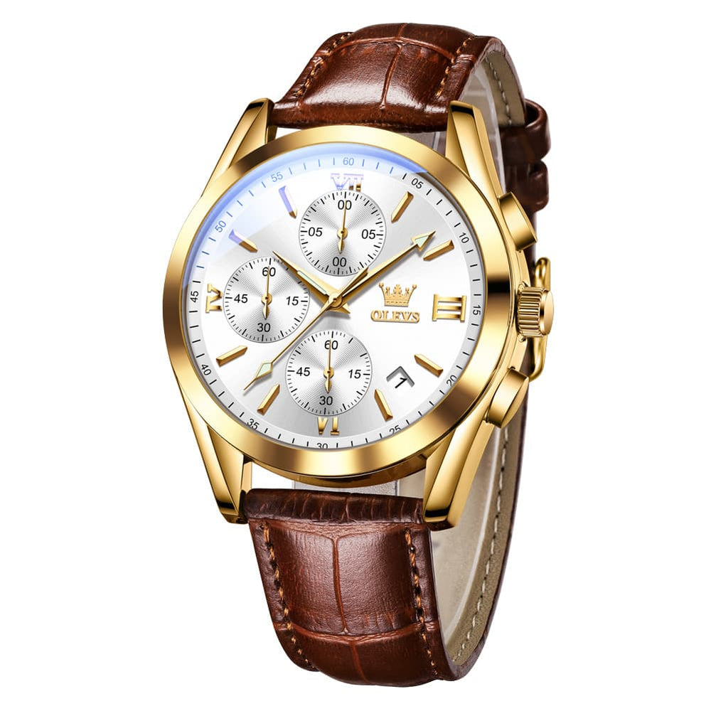 OLEVS 2872 Sophisticated Chronograph Leather Watch for Men - Brown Gold White Watch | Olevs Watch Store