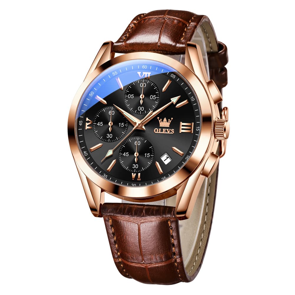 OLEVS 2872 Sophisticated Chronograph Leather Watch for Men - Brown Rose Black Watch | Olevs Watch Store