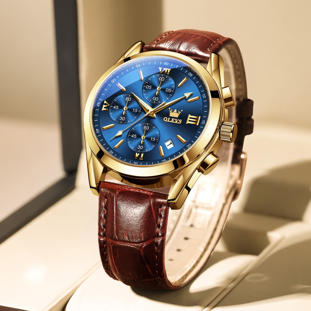 OLEVS 2872 Sophisticated Chronograph Leather Watch for Men - Brown Rose Coffee Watch | Olevs Watch Store