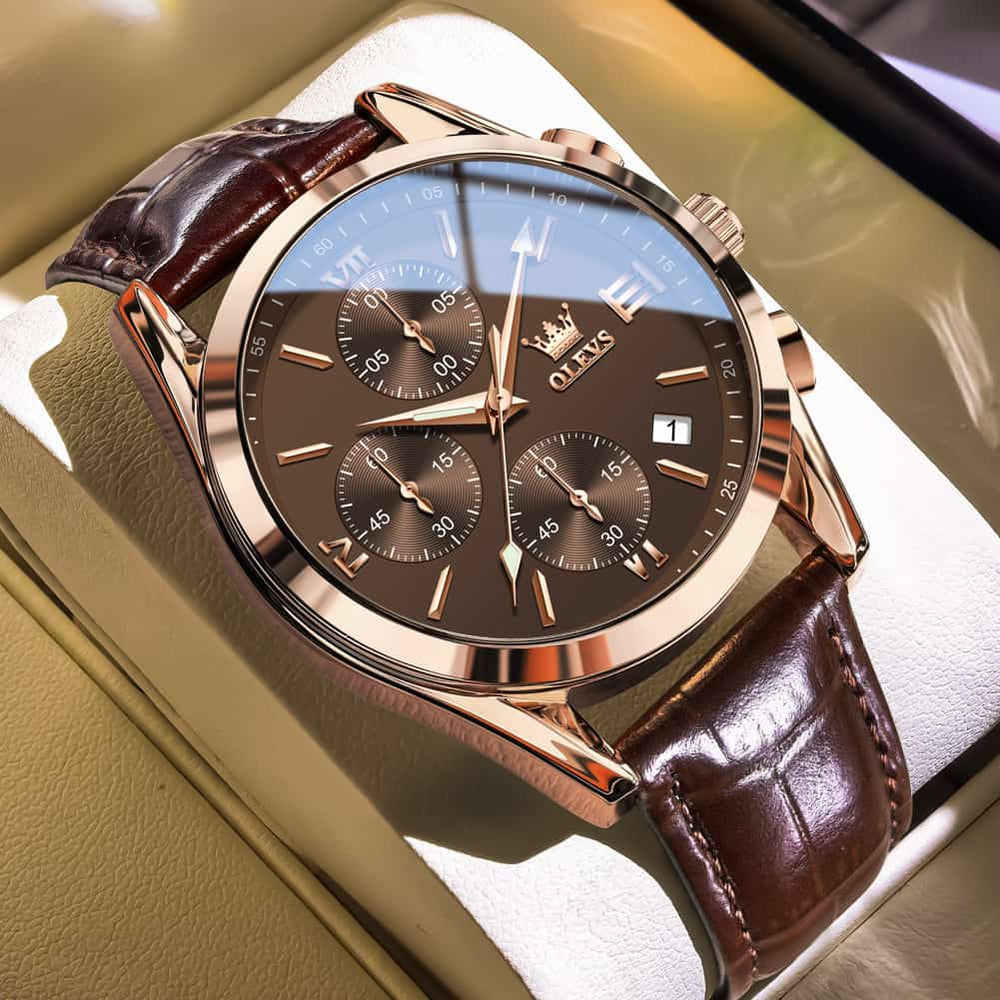OLEVS 2872 Sophisticated Chronograph Leather Watch for Men - Brown Rose Coffee Watch | Olevs Watch Store