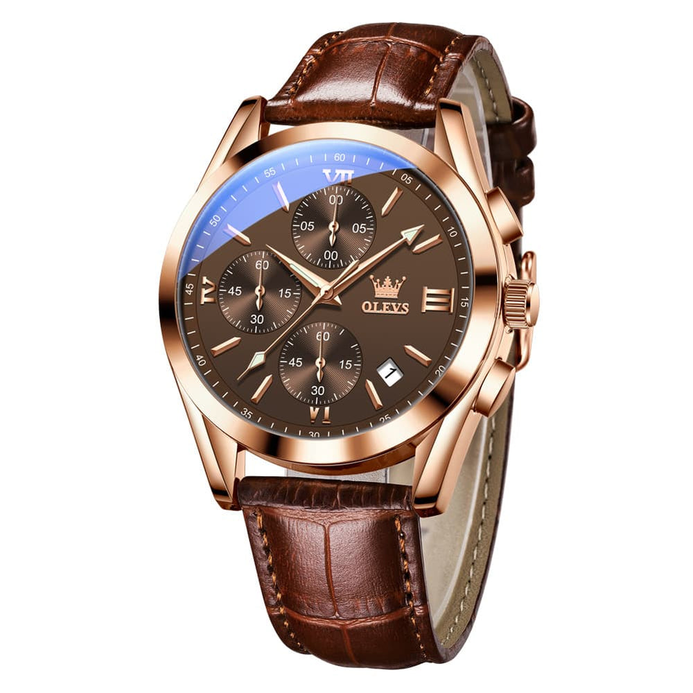 OLEVS 2872 Sophisticated Chronograph Leather Watch for Men - Brown Rose Coffee Watch | Olevs Watch Store
