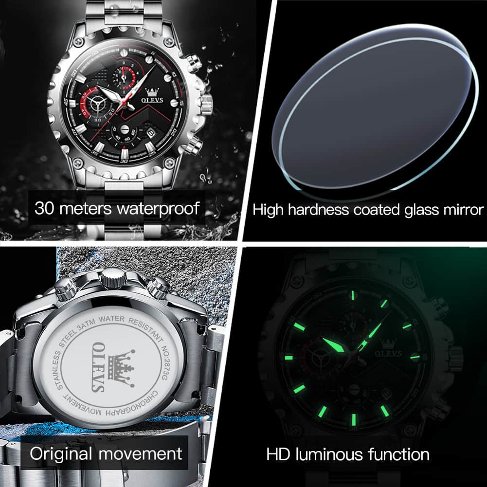 OLEVS 2873 Bold Rivet Bezel Racing Chronograph Watch for Men - All Black Steel Watch | Olevs Watch Store