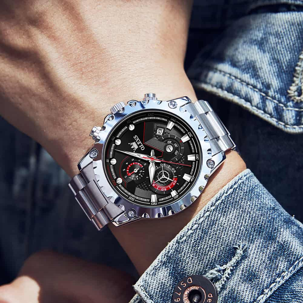 OLEVS 2873 Bold Rivet Bezel Racing Chronograph Watch for Men - All Black Steel Watch | Olevs Watch Store