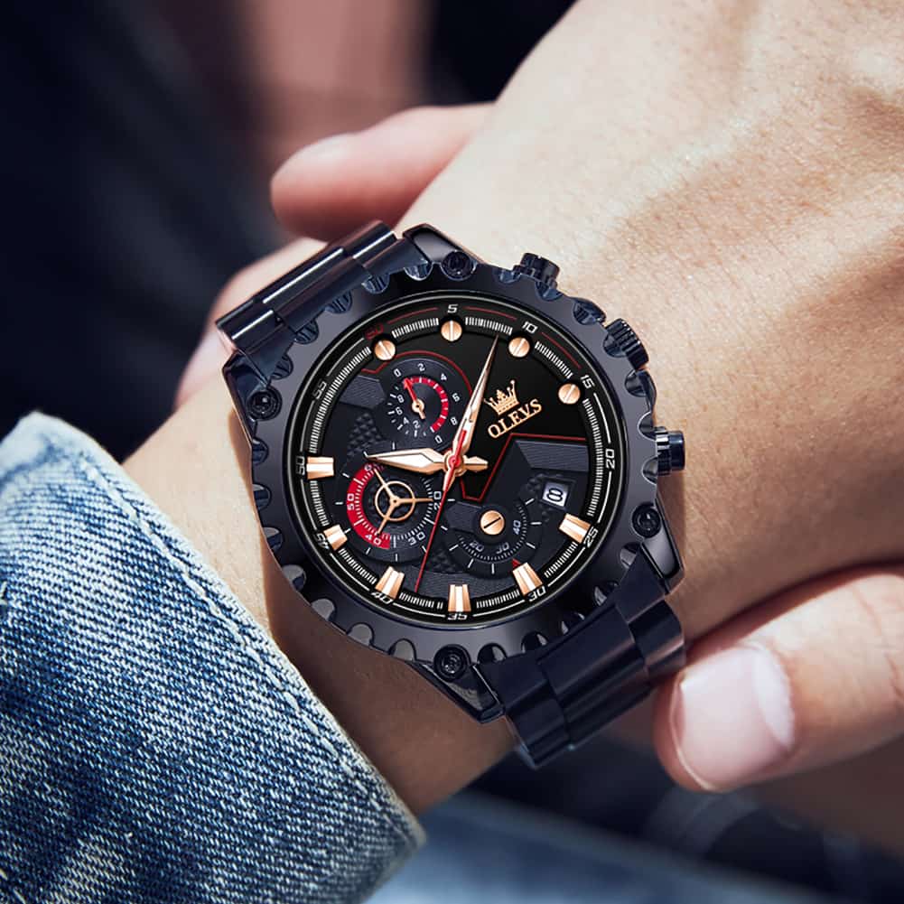 OLEVS 2873 Bold Rivet Bezel Racing Chronograph Watch for Men - All Black Steel Watch | Olevs Watch Store