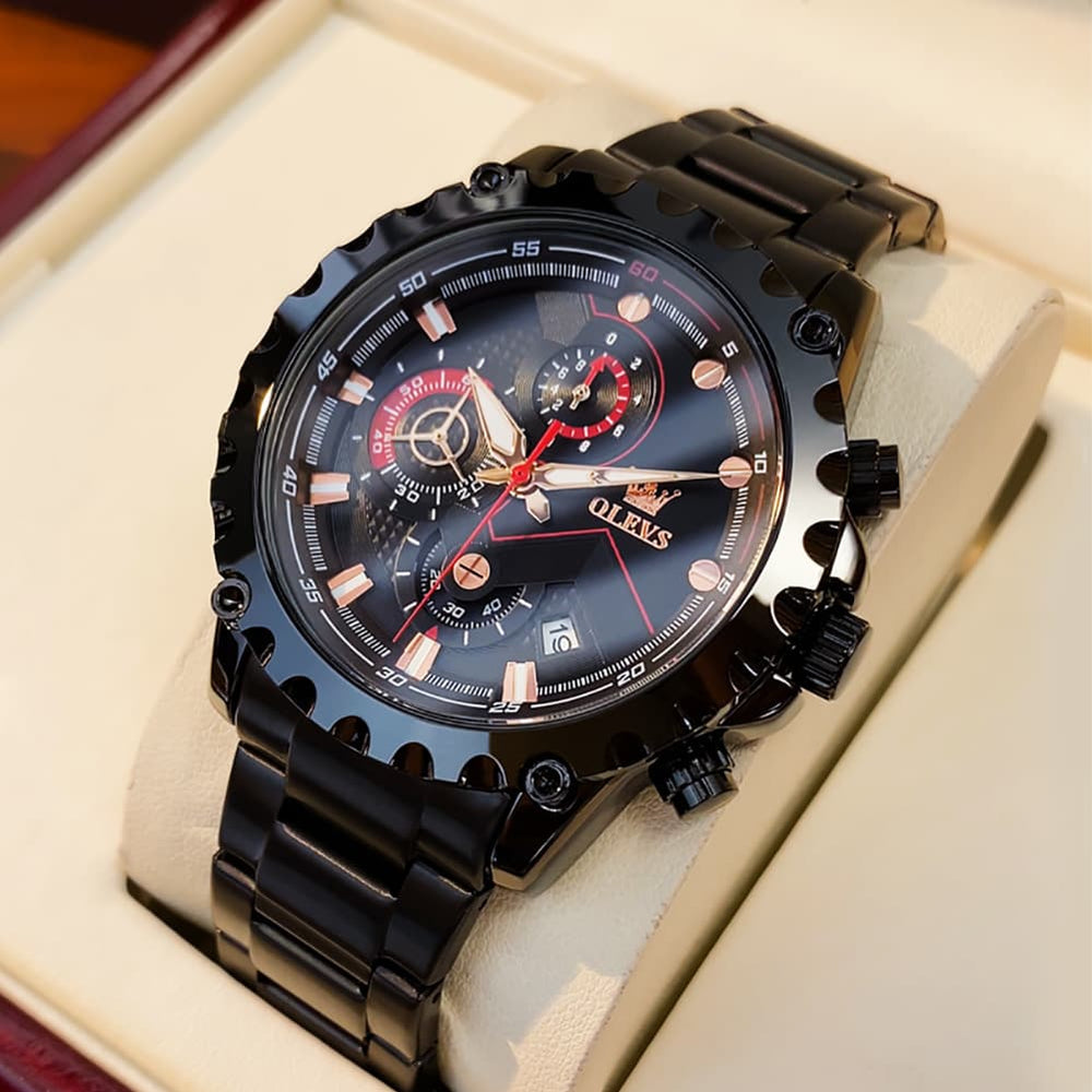 OLEVS 2873 Bold Rivet Bezel Racing Chronograph Watch for Men - All Black Steel Watch | Olevs Watch Store