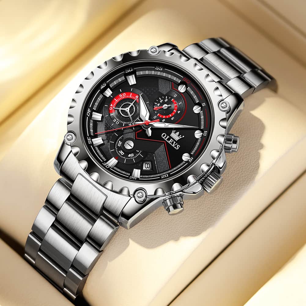 OLEVS 2873 Bold Rivet Bezel Racing Chronograph Watch for Men - All Black Steel Watch | Olevs Watch Store