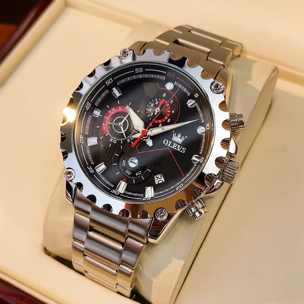OLEVS 2873 Bold Rivet Bezel Racing Chronograph Watch for Men - All Black Steel Watch | Olevs Watch Store