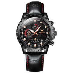 OLEVS 2873 Bold Rivet Bezel Racing Chronograph Watch for Men - Black Gold Leather Watch | Olevs Watch Store