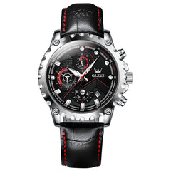 OLEVS 2873 Bold Rivet Bezel Racing Chronograph Watch for Men - Silver Red Leather Watch | Olevs Watch Store