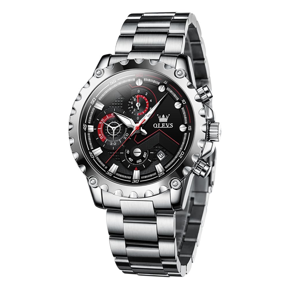 OLEVS 2873 Bold Rivet Bezel Racing Chronograph Watch for Men - Silver Steel Watch | Olevs Watch Store