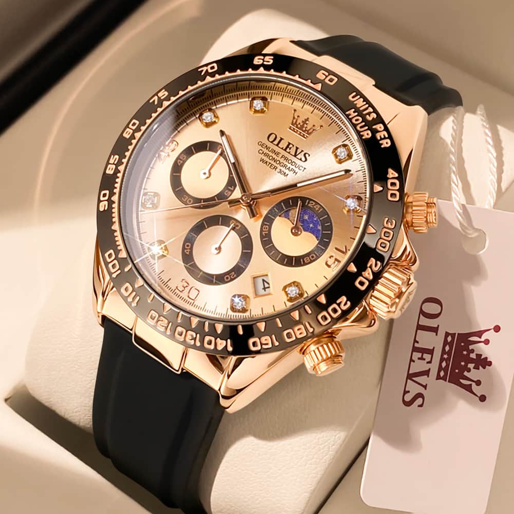 OLEVS 2875 Luxury Moon Phase Racing Chronograph Watch for Men - Gold Green Watch | Olevs Watch Store
