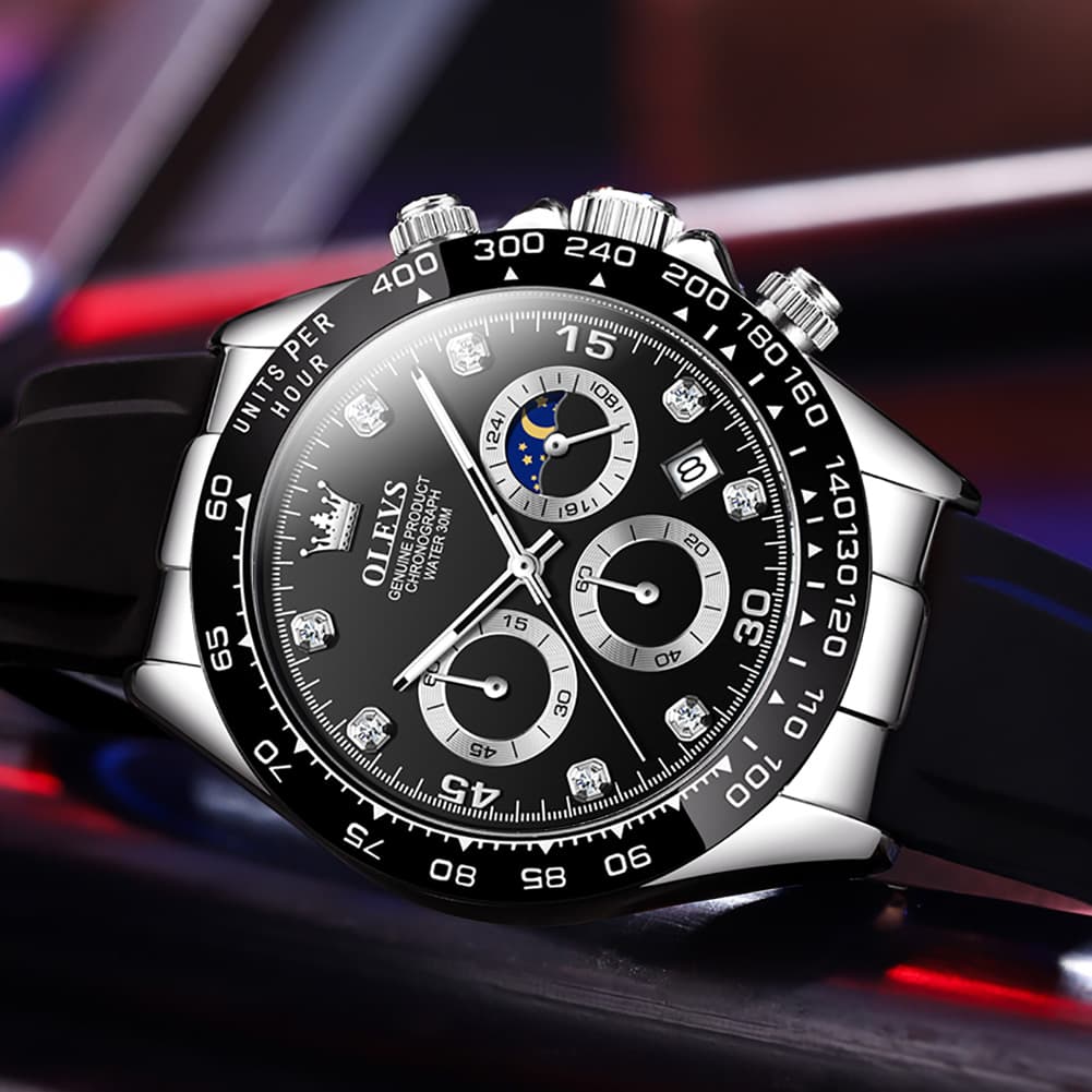 OLEVS 2875 Luxury Moon Phase Racing Chronograph Watch for Men - Gold Green Watch | Olevs Watch Store