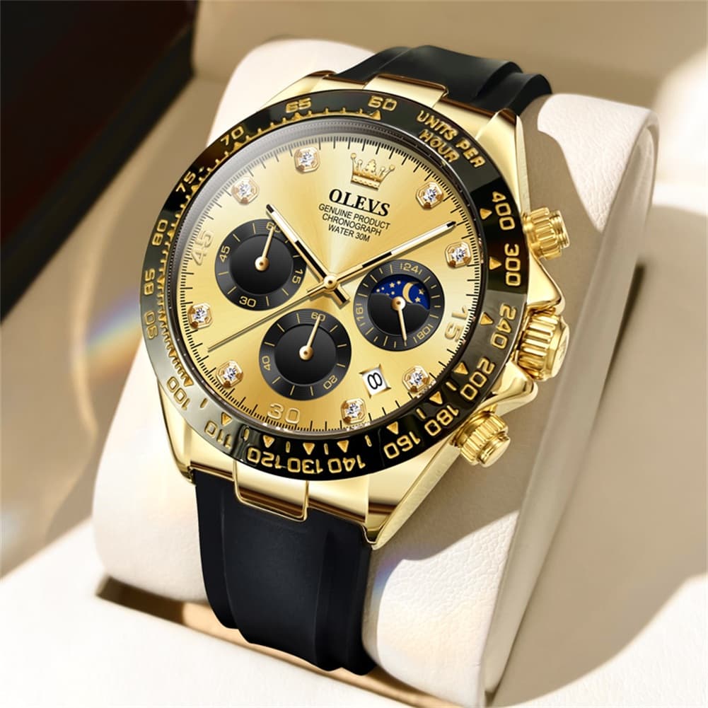 OLEVS 2875 Luxury Moon Phase Racing Chronograph Watch for Men - Gold Green Watch | Olevs Watch Store