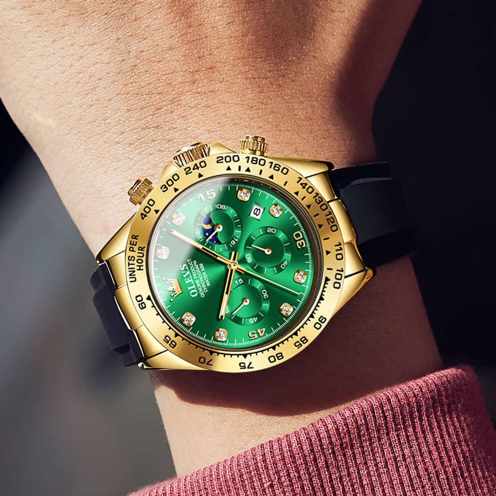 OLEVS 2875 Luxury Moon Phase Racing Chronograph Watch for Men - Gold Green Watch | Olevs Watch Store