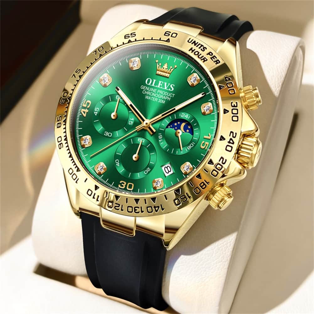 OLEVS 2875 Luxury Moon Phase Racing Chronograph Watch for Men - Gold Green Watch | Olevs Watch Store