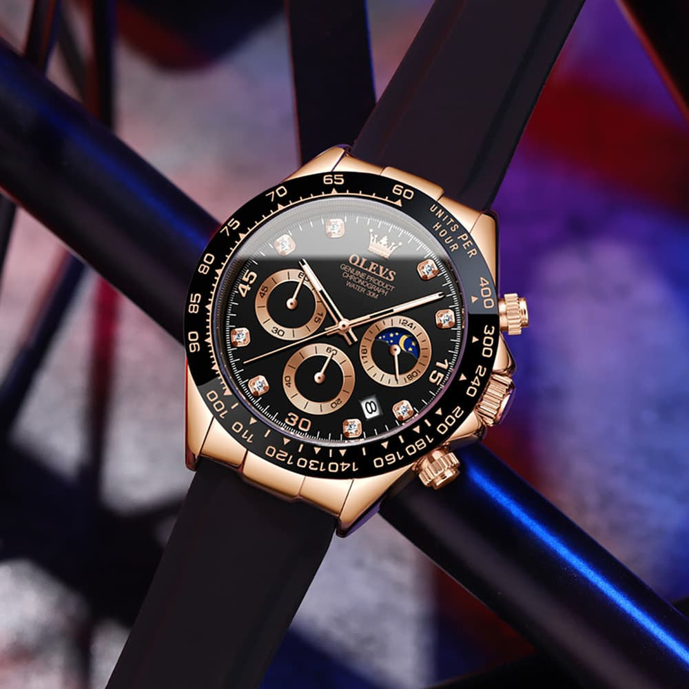OLEVS 2875 Luxury Moon Phase Racing Chronograph Watch for Men - Gold Green Watch | Olevs Watch Store