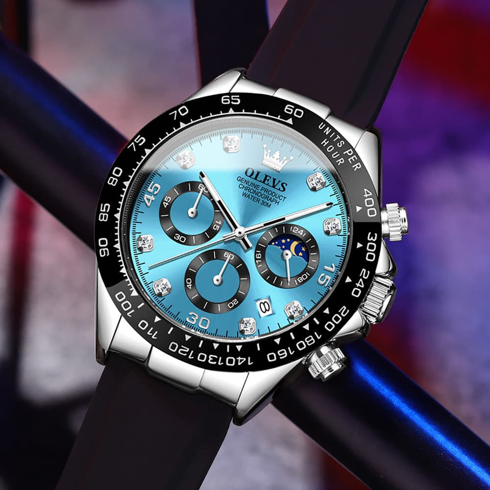OLEVS 2875 Luxury Moon Phase Racing Chronograph Watch for Men - Gold Green Watch | Olevs Watch Store