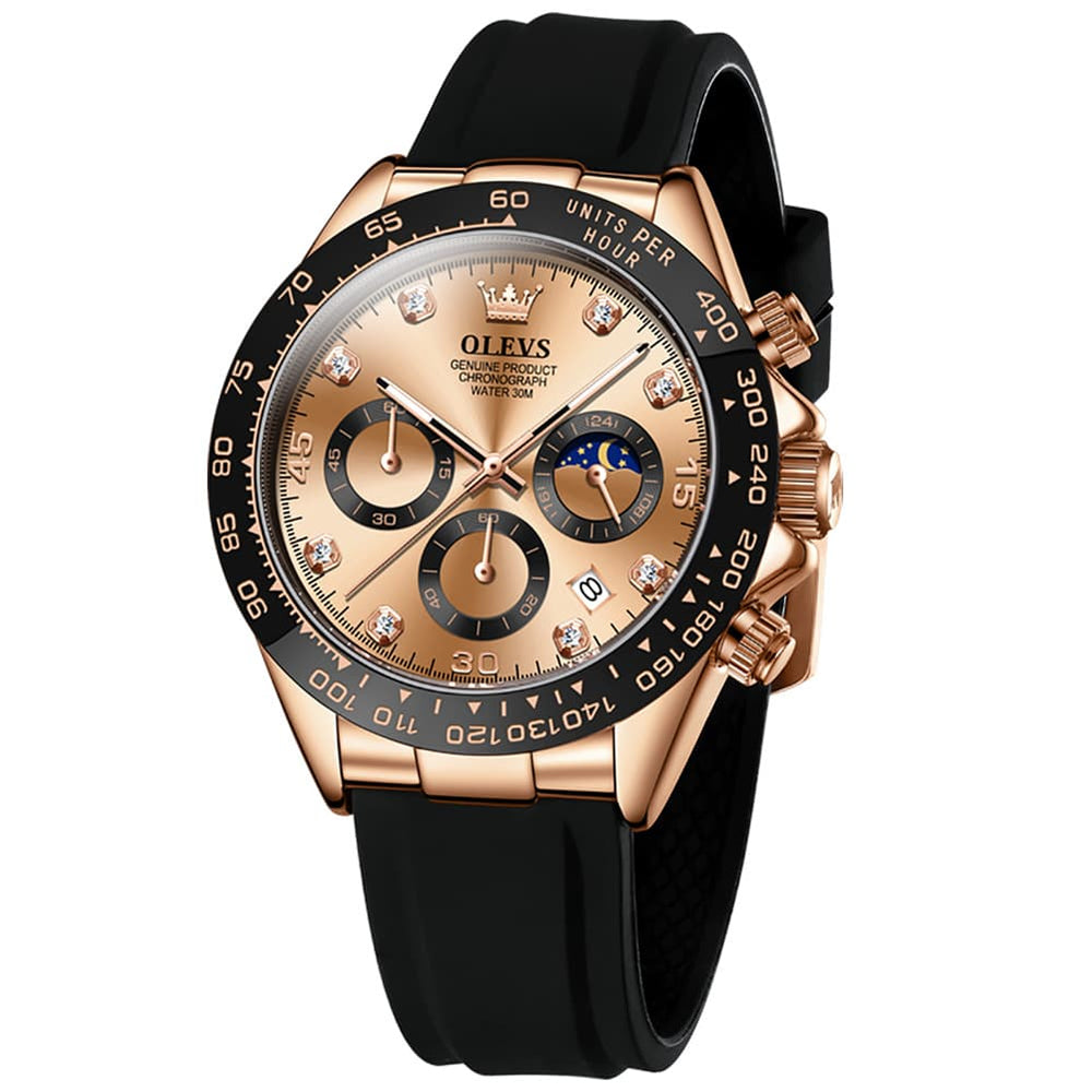 OLEVS 2875 Luxury Moon Phase Racing Chronograph Watch for Men - Rose Gold Watch | Olevs Watch Store