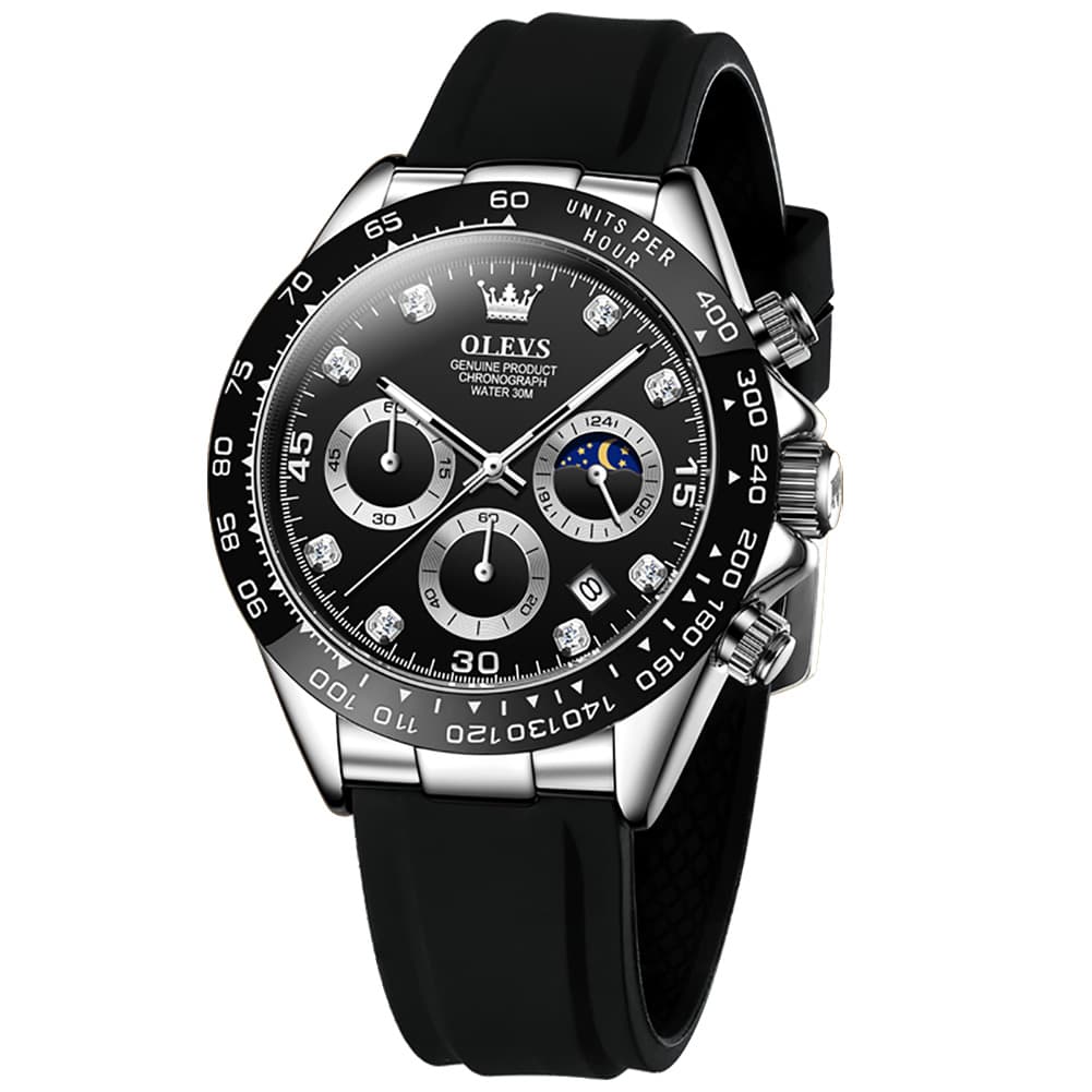 OLEVS 2875 Luxury Moon Phase Racing Chronograph Watch for Men - Silver Black Watch | Olevs Watch Store