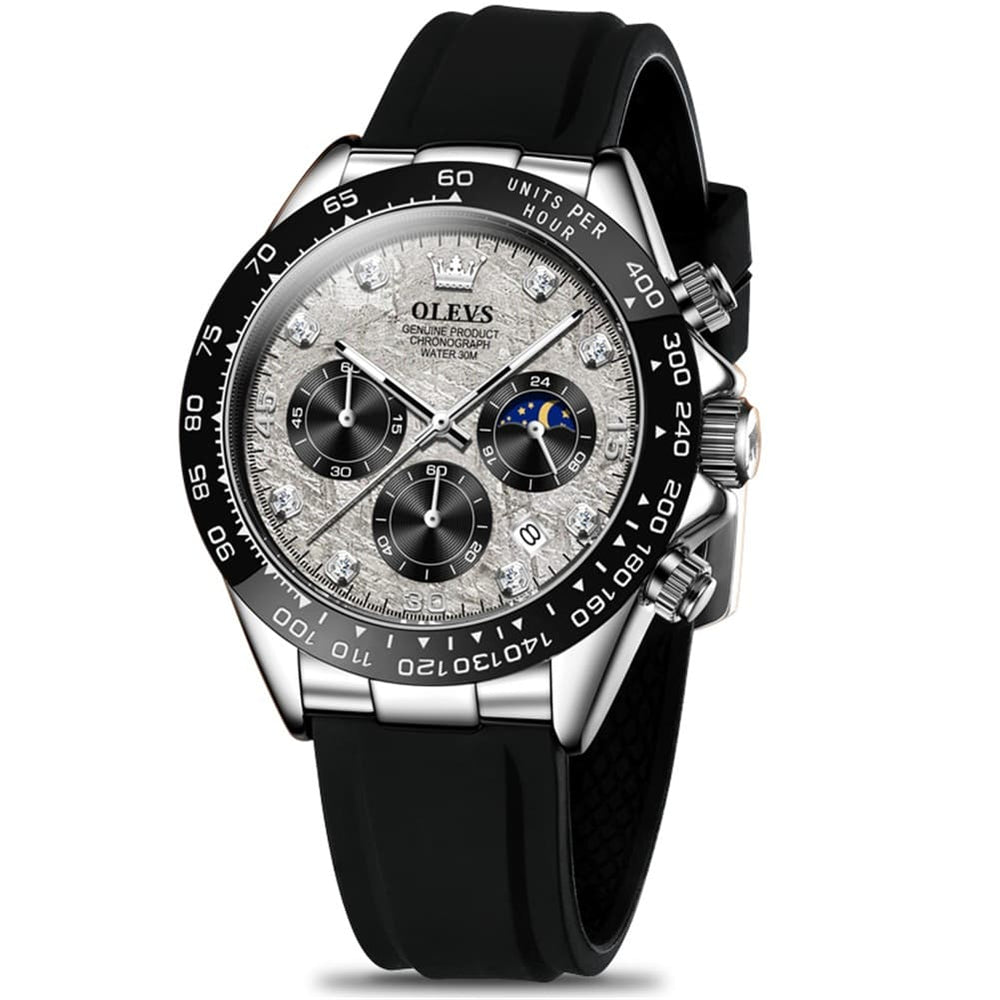OLEVS 2875 Luxury Moon Phase Racing Chronograph Watch for Men - Silver Meteorite Watch | Olevs Watch Store