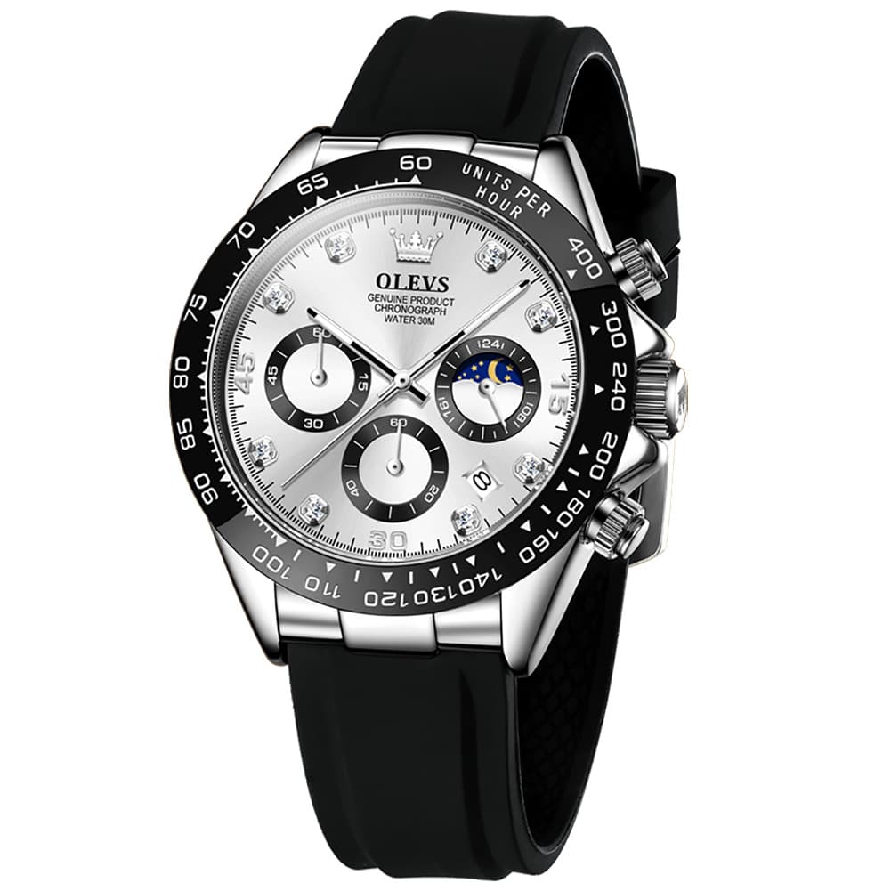 OLEVS 2875 Luxury Moon Phase Racing Chronograph Watch for Men - Silver White Watch | Olevs Watch Store