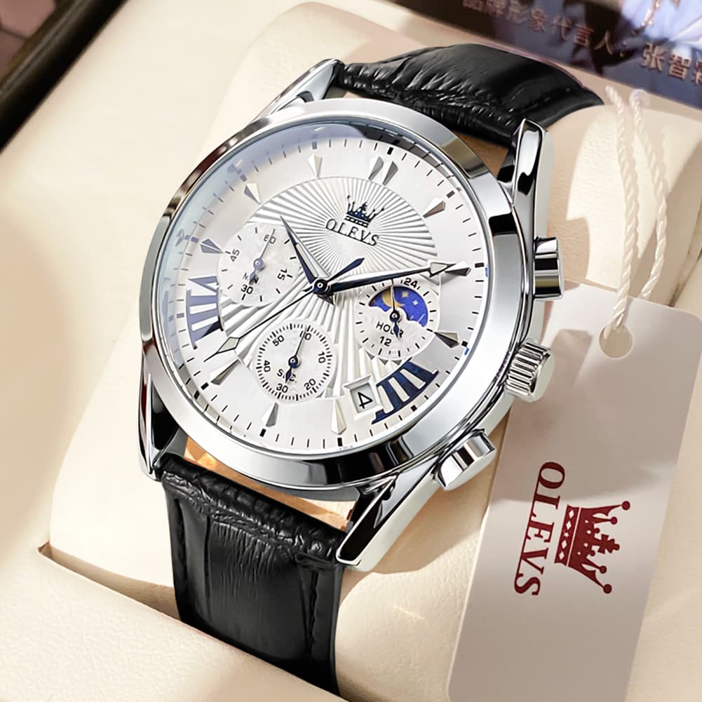 OLEVS 2876 Luxury Moon Phase Chronograph Leather Watch for Men - Black Silver Black Watch | Olevs Watch Store