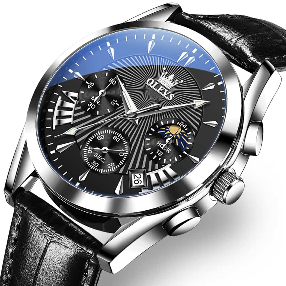 OLEVS 2876 Luxury Moon Phase Chronograph Leather Watch for Men - Black Silver Black Watch | Olevs Watch Store
