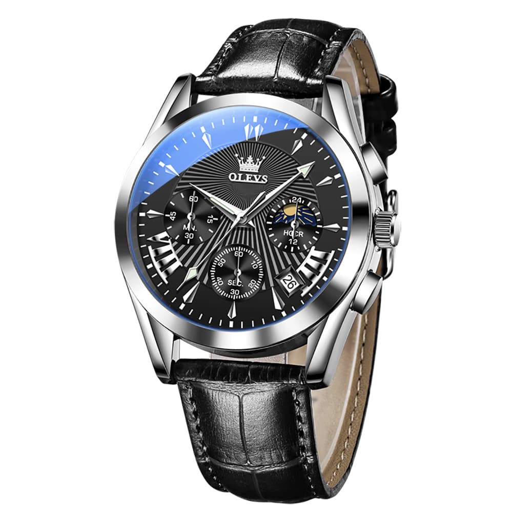 OLEVS 2876 Luxury Moon Phase Chronograph Leather Watch for Men - Black Silver Black Watch | Olevs Watch Store