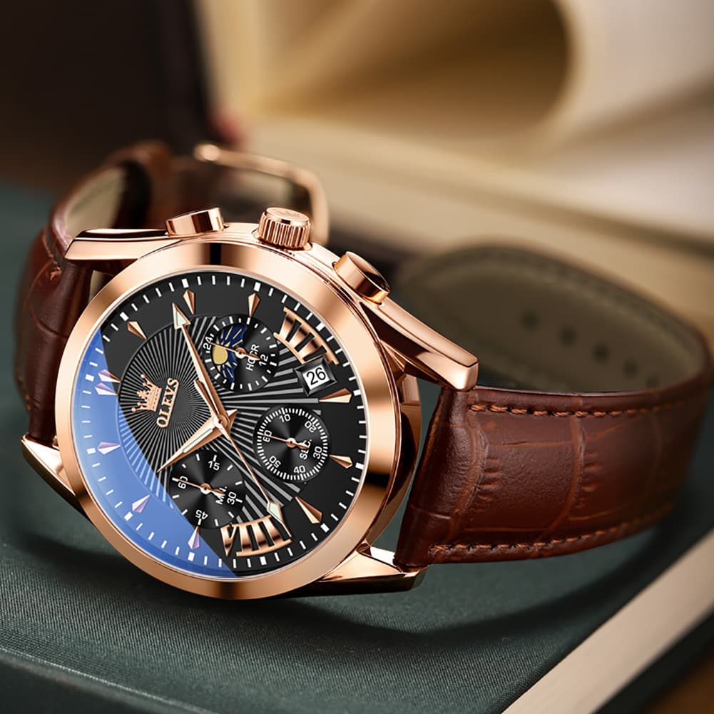OLEVS 2876 Luxury Moon Phase Chronograph Leather Watch for Men - Black Silver Black Watch | Olevs Watch Store